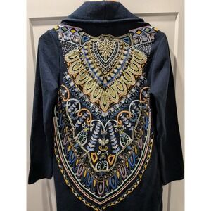 Soft Surroundings Embroidered‎ Open Front Cardigan Sweater Jacket, Small, Navy